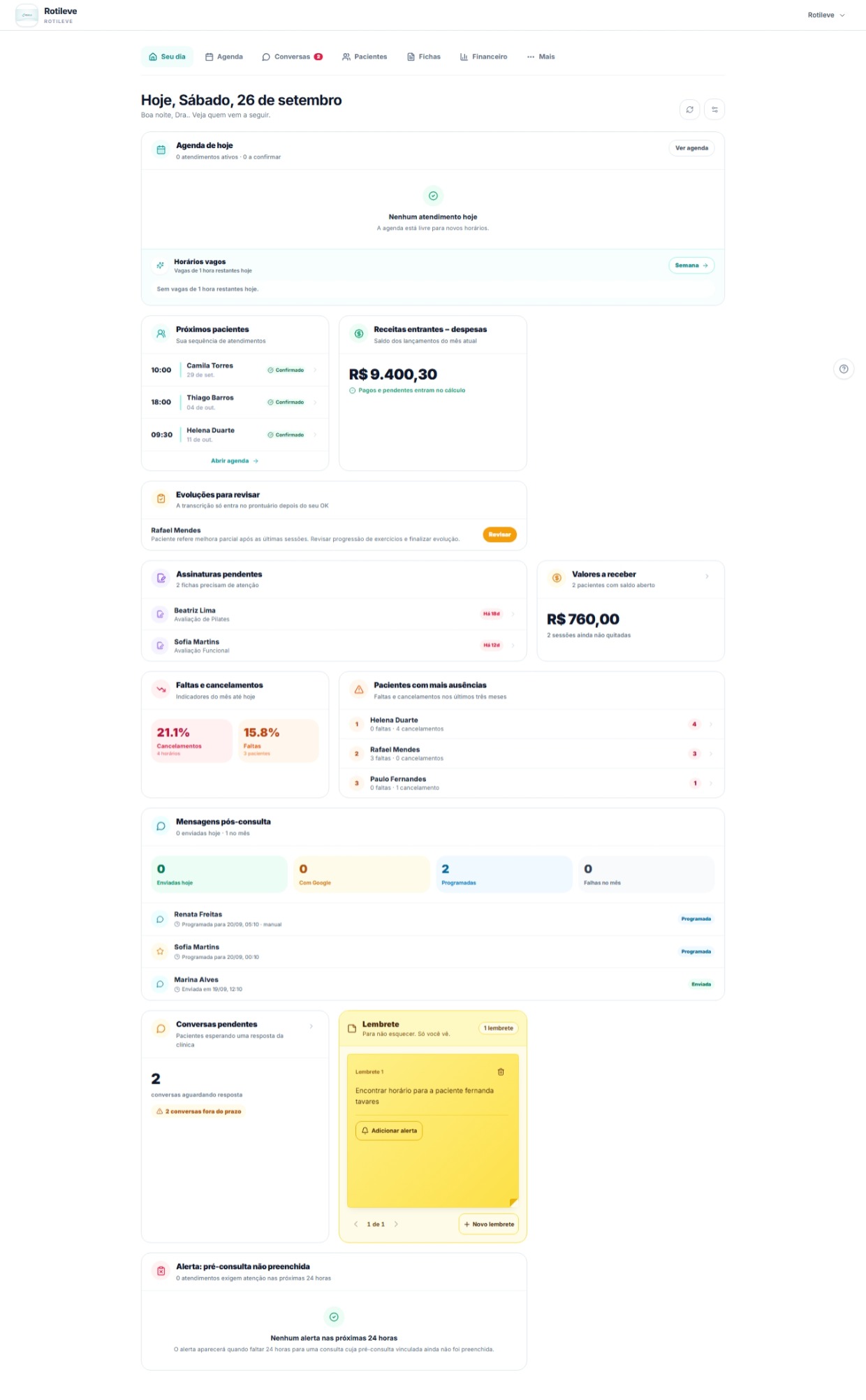 Painel Seu Dia do RotiLeve mostrando agenda, conversas pendentes e indicadores financeiros
